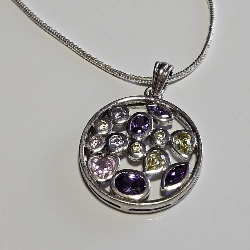 Sterling Silver Multicolored Rhinestone Round Pendant Necklace 20